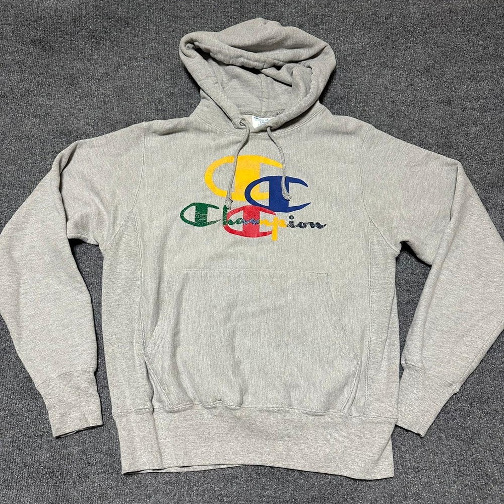Champion Reverse Weave Multi Logo Graphic Hoodie Gray Small Streetwear